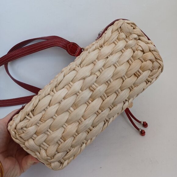 Brighton Bag Woven Natural Straw Red Croc Embossed Leather Floral Charm Dust Bag - Picture 8 of 14
